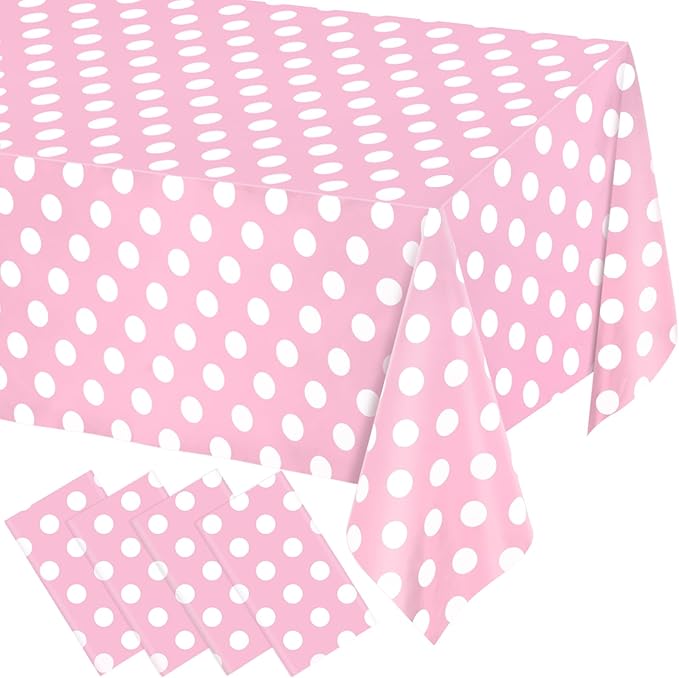 WNINK 4 Pack Light Pink and White Polka Dot Tablecloths, Pink Disposable Plastic Table Cover for Birthday, Wedding, Bachelor, Pink Girl Party, and Picnic Camping Parties 54" x 108"