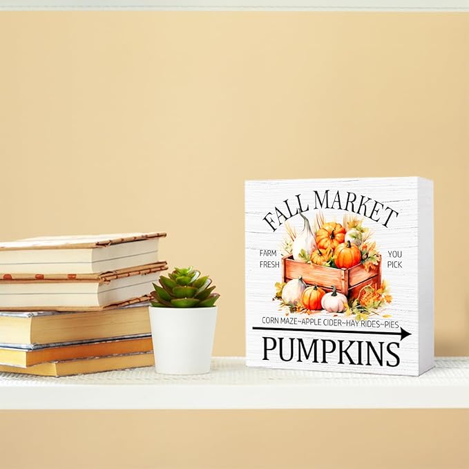 Funny Autumn Wood Box Sign Fall Market Pumpkins Wooden Block Desk Decor for Home Office Kitchen Cubicle Table Shelf Tabletop,Farmhouse Fall Sign Decor