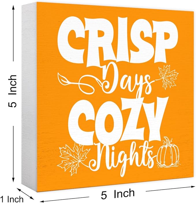 Funny Autumn Wood Box Sign Crisp Days Cozy Nights Wooden Block Desk Decor for Home Office Kitchen Cubicle Table Shelf Tabletop,Farmhouse Fall Sign Decor