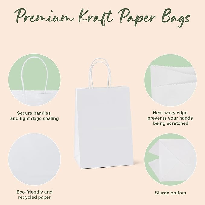 GSSUSA Paper Gift Bags 5.25x3.75x8 Inch 20000 Pack, Valentine's Day Gift Wrap Bags with Handles, White Kraft Paper Bag for Small Business, Heavy Duty Bulk, for Birthday Party Favors, Shopping, Retail