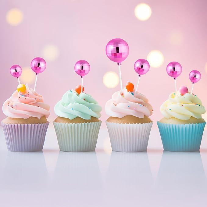 ASTARON 20 Pcs Disco Ball Cake Topper Decorations Sticks Pink Cake Balls Picks Toppers for Birthday Anniversary Disco Retired Theme Party Decorations