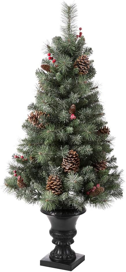 Glitzhome 2 Pack 4ft Pre-Lit Flocked Small Christmas Tree with Pinecones & Berries,100 Warm White Lights, 224 PVC & Pine Needle Mixed Branch Tips, Potted Christmas Tree for Porch Home Office