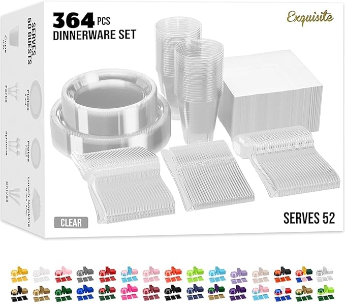 Party Solids 350 Pieces Clear Plastic Plates For Party, Clear Disposable Plates Set, 50 Of Each 9" Dinner Plate Set, 7" Dessert Plate, Cups, Napkins & Cutlery Plastic Dinnerware