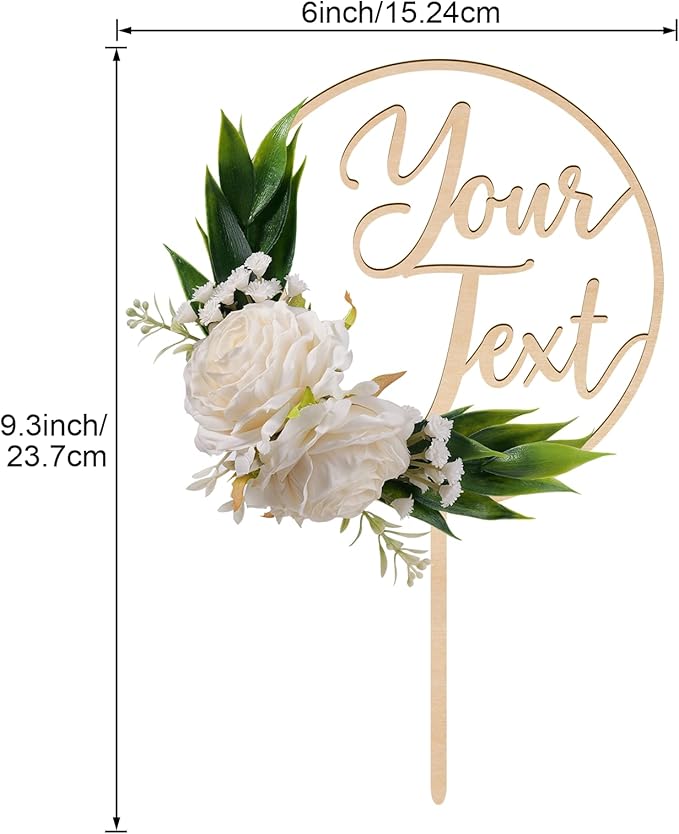 CustomText Wedding Cake Topper with 3D Artificial Flowers and Green Leaves Personalized Your Text Wooden Anniversary Engagement Cake Decoration