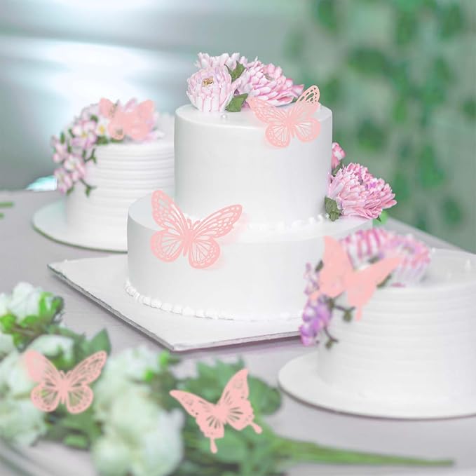 Pink Butterfly Decorations, 48Pcs 2 Styles 3 Sizes Butterflies for Cake Cupcake Toppers, 3D Paper Sticker for Bouquets Birthday Baby Shower Kids Girl Room Wall Nursery Grad Graduation Caps Decor