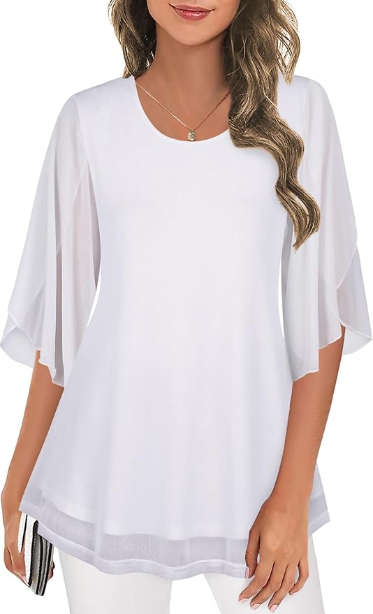Ninedaily Women's Tops 3/4 Sleeve Blouses Dressy Casual Double Layers Mesh Tunic Shirts