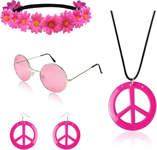 Hippie Costume Set Includes Peace Sign Necklace and Earring, Flower Crown Headband and Sunglasses 60s 70s Party Accessories