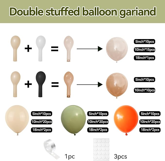 Dusty Green Orange Balloon Arch, Double Stuffed Blush Brown Cream Nude Balloon Garland Sage Green Sand White Orange Balloons for Neutral Baby Shower Wedding Birthday Gender Reveal Party Decoration