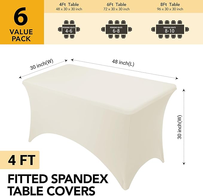 6-Pack Premium Cream Spandex Tablecloths for 4ft Rectangle Tables, Stain & Wrinkle-Resistant, Washable Stretch Polyester Fitted Table Cover for Weddings, Banquets, Trade Shows Events