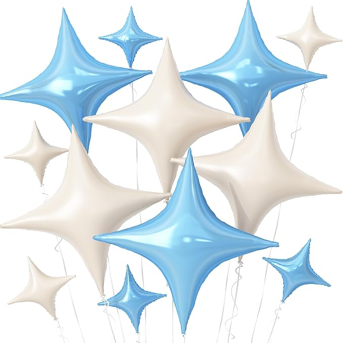 Blue White Star Balloons,12Pcs Four Angle Star Foil Balloons,26Inch and 10Inch Blue Cream White Quadrangle Helium Balloon for Birthday Baby Shower Anniversary Party Decorations