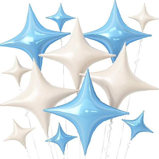 Blue White Star Balloons,12Pcs Four Angle Star Foil Balloons,26Inch and 10Inch Blue Cream White Quadrangle Helium Balloon for Birthday Baby Shower Anniversary Party Decorations