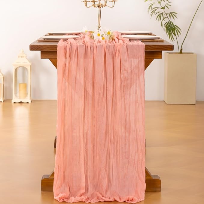 Socomi 3pcs Coral Peach Fall Thanksgiving Cheesecloth Table Runner Boho Rustic Gauze 120 inch 10FT Cheese Cloth Runner for Wedding Party Baby Shower Birthday Home Decor Holiday Decorations