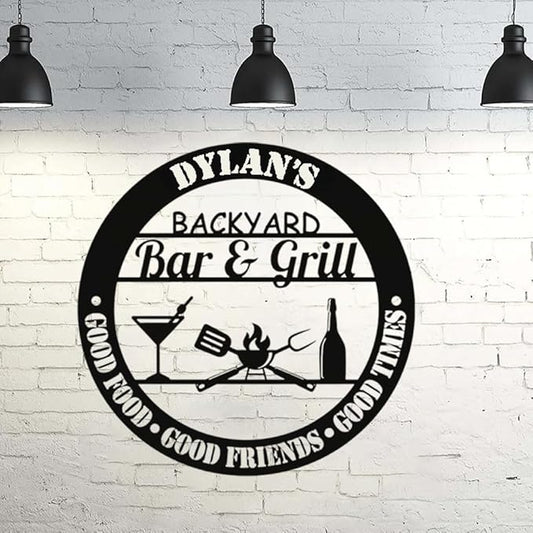 Custom Backyard Bar and Grill Metal Sign , Personalized Outdoor Kitchen Wall Art with Good Food Good Friends Good Times Quote , Rustic BBQ Patio Decor, Grill Master Gift for Dad, Husband, Grandpa, Man Cave