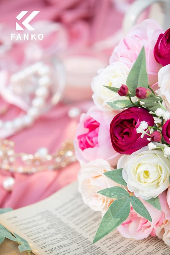 FANKO Rose Artificial Flowers Combo for DIY, Fake Pink Rose Silk Flowers Greenery, Faux Flowers for Wedding Bridal Bouquet, Baby Shower, Table Centerpieces, Floral Arrangement, Party Home Decoration