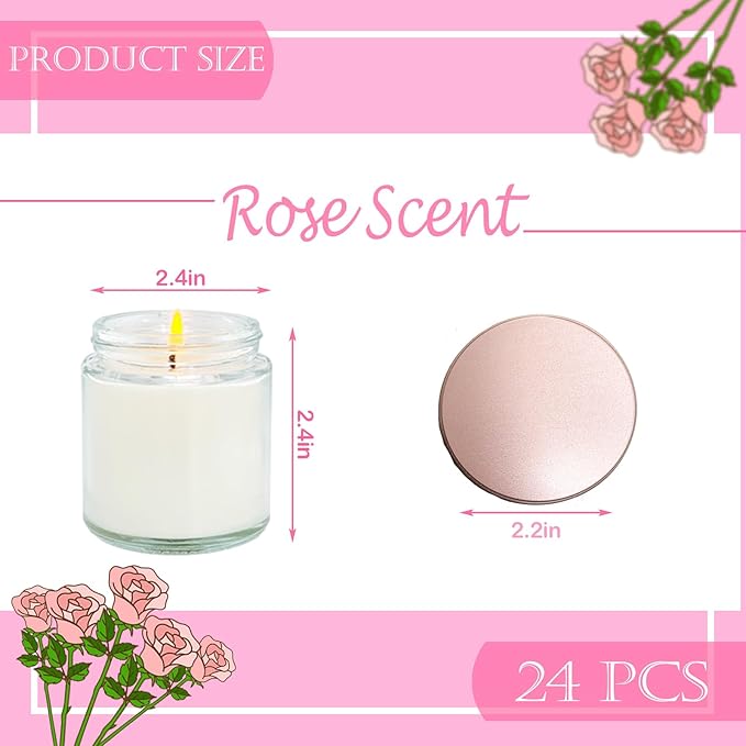 24 Pcs 4 Oz Mini White Soy Candles,Rose Scented Candles Set,Bulk Aromatherapy Candle,Great Stress Relieving Scented Candle for Girls as a Gift for Birthdays, Weddings and More!