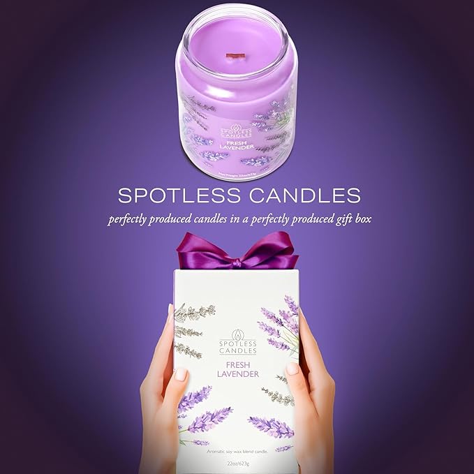 Fresh Lavender Candle 22oz Glass Jar with Wooden Wick in a Decorated Jar Within a Presentation Gift Box and Protective Shipping Box
