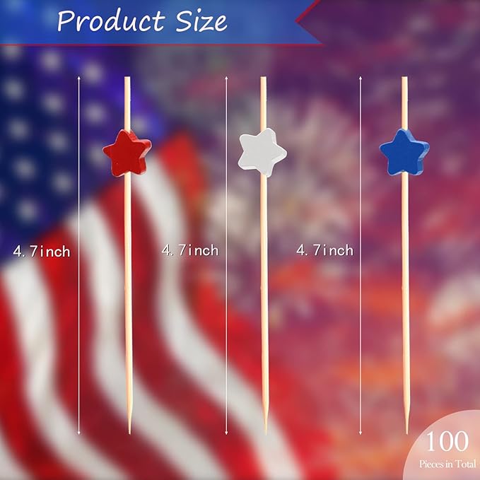 100pcs Red White Blue Star Cocktail Picks Fruit Sticks Food Toothpicks Sandwich Charcuterie Appetizer Skewers, Handmade of Bamboo Wood, for Fourth of July Independence Day Decoration Party Supplies