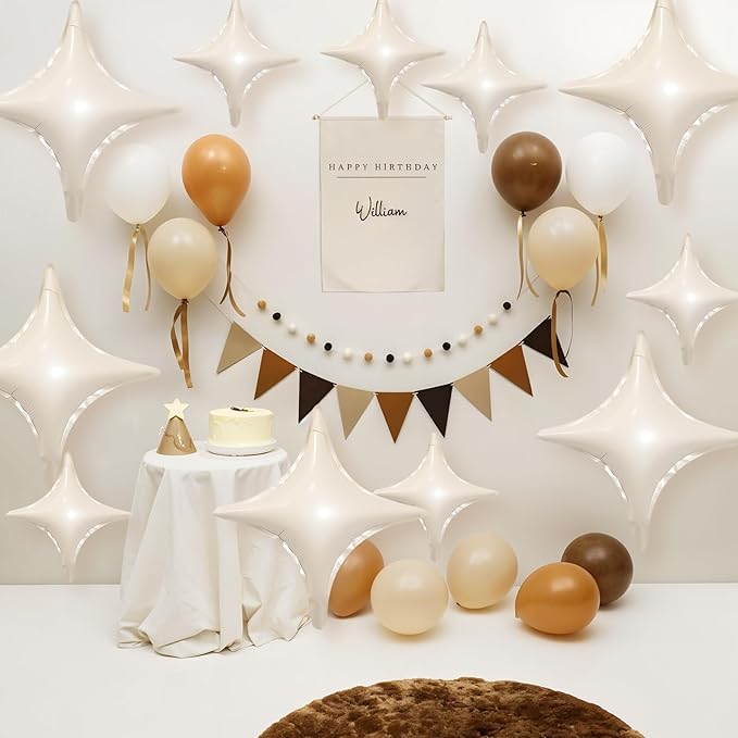 Cream White Star Balloons,12Pcs Four Angle Star Foil Balloons,26Inch and 10Inch Sand White Quadrangle Helium Balloon for Birthday Baby Shower Anniversary Party Decorations