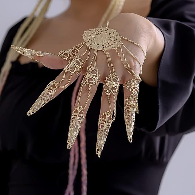 Octwine 1 pcs Ancient Queen Bracelet with Finger Nails Tip Claw Belly Dance Hand Chain Indian Dainty Costume Finger Nails Bracelet for Women