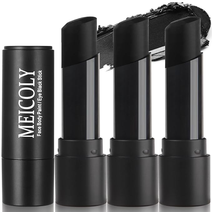 MEICOLY 3Pcs Black Face Body Paint Stick,Face Paint for Cat Halloween Zombie Skull Skeleton Clown Cosplay Makeup,Body Paint for Adults and Kids,Waterproof Eye Black Baseball/Softball/Football