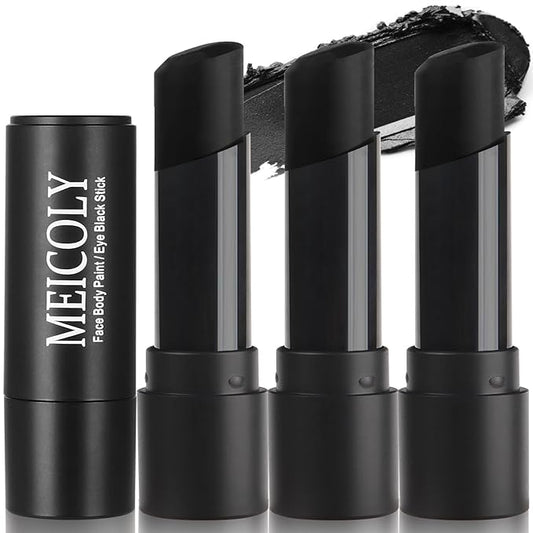 MEICOLY 3Pcs Black Face Body Paint Stick,Face Paint for Cat Halloween Zombie Skull Skeleton Clown Cosplay Makeup,Body Paint for Adults and Kids,Waterproof Eye Black Baseball/Softball/Football