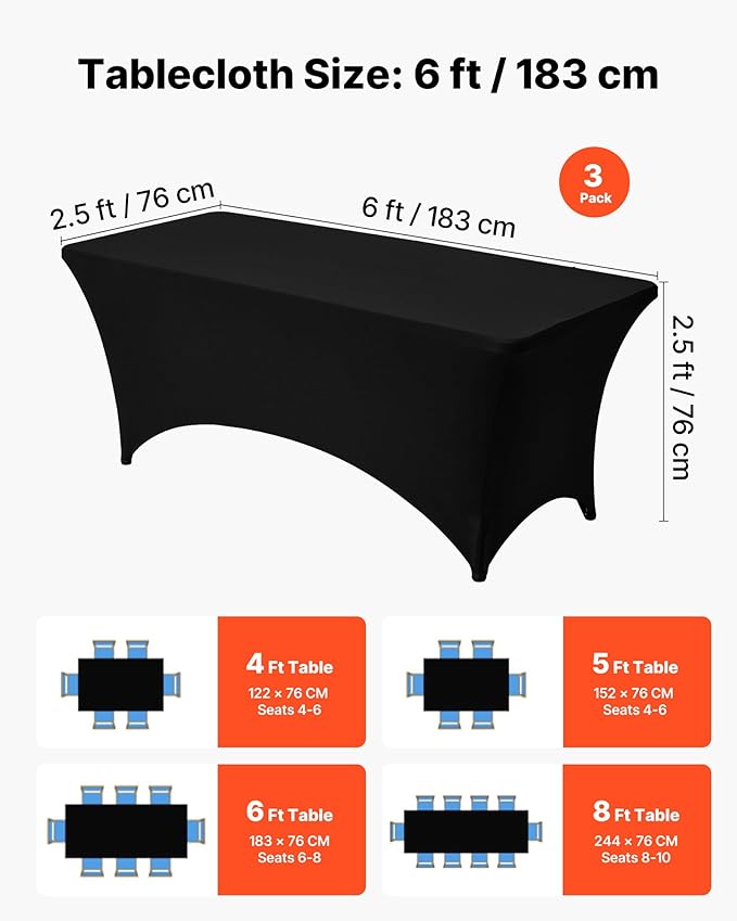 VEVOR 3 Pack Table Cloth for 6FT Rectangular Fitted Events, Wrinkle-Resistant Stretch Black Table Covers, Washable Spandex Tablecloth Protector, for Party, Wedding, Cocktail, Banquet, Festival