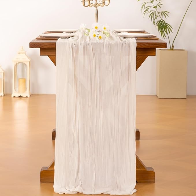 Socomi 15pcs Ivory White Cheesecloth Table Runner Fall Thanksgiving Boho Rustic Gauze 120 inch 10FT Cheese Cloth Runner for Wedding Party Baby Shower Birthday Home Decor Holiday Decorations
