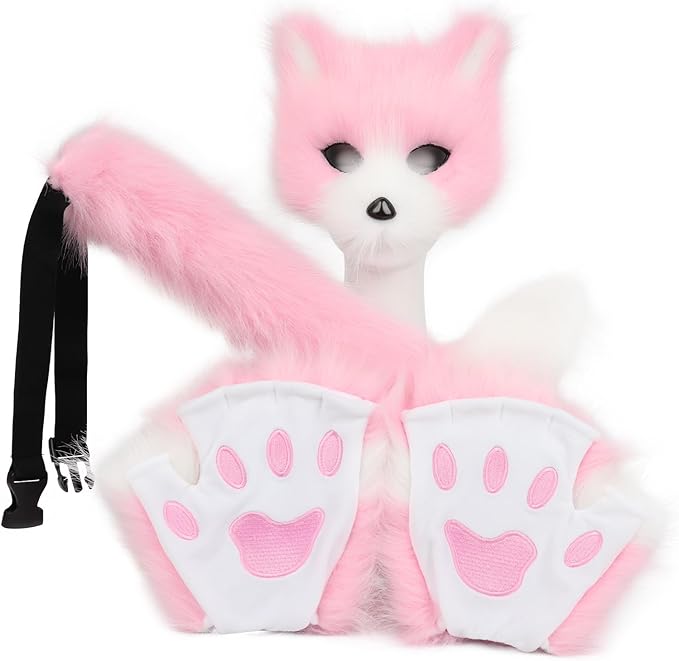 Adolala Faux Fur Fox Tail Cat Wolf Set Plush Mask Fluffy Paw Gloves Halloween Christmas Party for Women