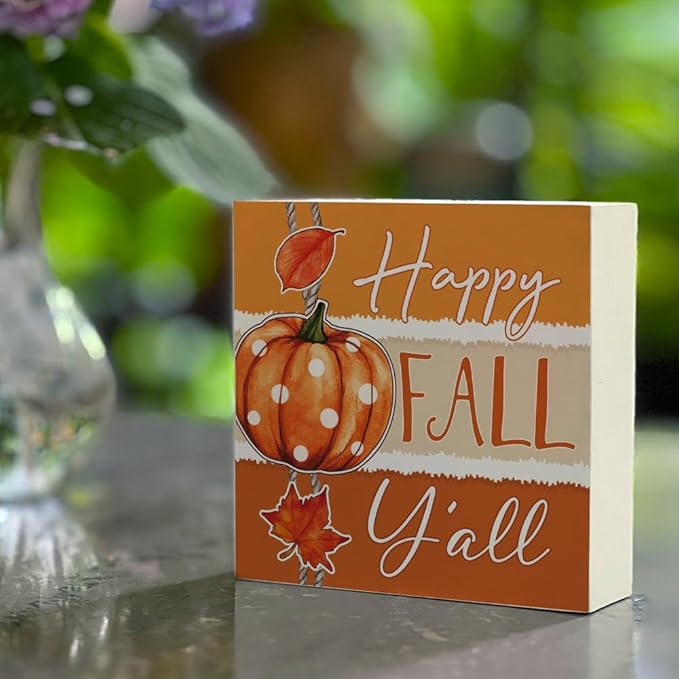 Fall Theme Sign Retro Farmhouse Fall Artwork Decor Autumn Harvest Thanksgiving Wooden Sign, Rustic Wood Maples Decorations for Indoor Outdoor Home Office Supplies (Happy Fall Y'all)