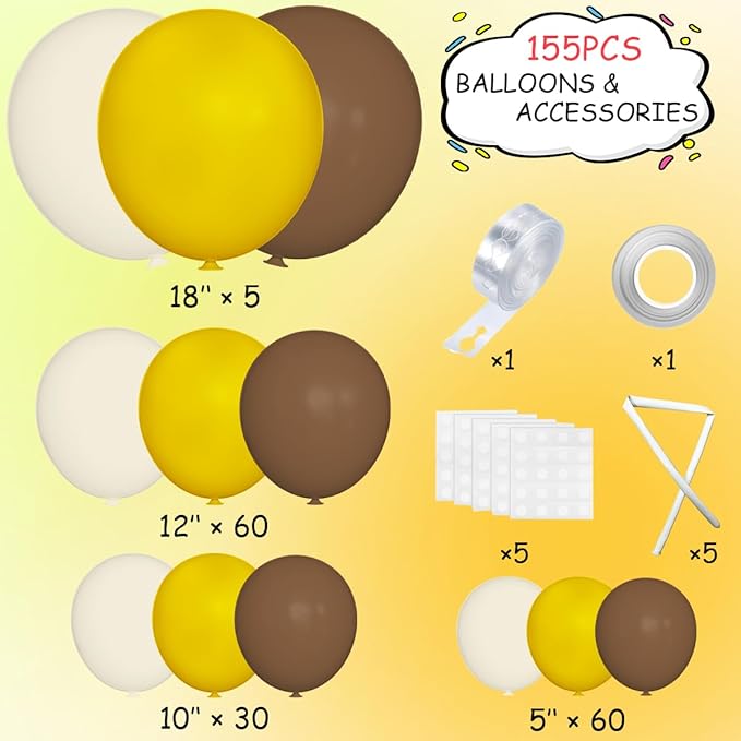 Yellow Brown White Balloon Garland Arch Kit, 155Pcs Latex Balloons Different Size 18 12 10 5 inch for Birthday Wedding Party Baby Shower Bridal Shower Decoration