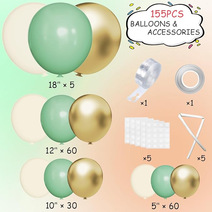155Pcs Sage Green Arch Kit with Pea Green White Gold Balloons for Baby Shower Bridal Shower Birthday Engagement Wedding Wild One Party Decorations