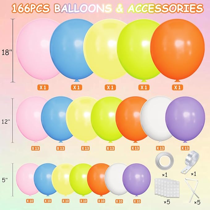Colorful Rainbow Balloon Arch Kit, 166Pcs Multicolor Birthday Bright Balloons Garland for Birthday Baby Shower Wedding Party Decorations