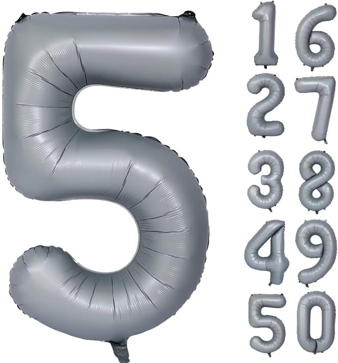 40in Gray Number 5 Balloons Big Foil Mylar Party Balloons for Girls Boys 5th Birthday Party Decorations Supplies