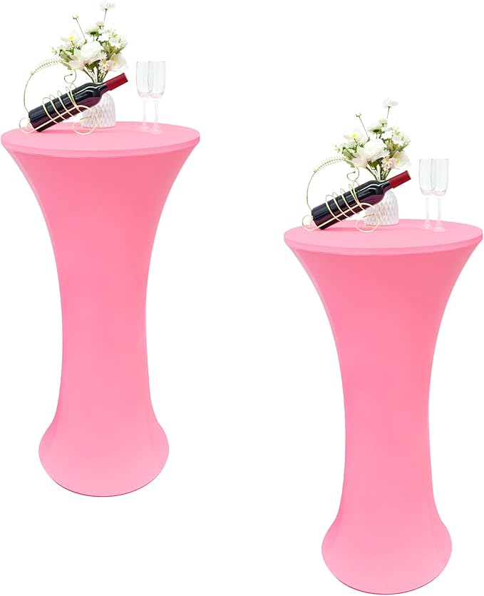 2PCS 24x43 Inch Round Fitted Cocktail Table Cover Pink Spandex Cocktail Table Cloth Highboy Fitted Tablecloth High Top Table Cloths for Party Pub Banquet Bistro
