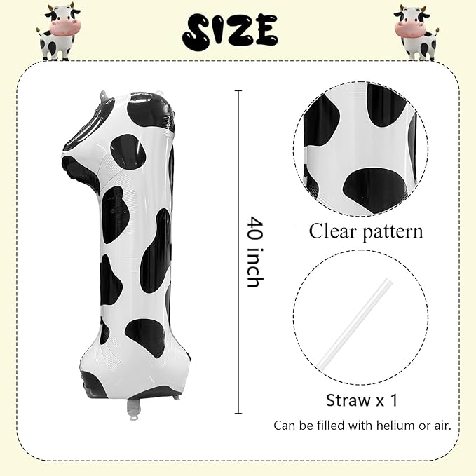 Cow Print Number Balloons, Large Foil Number 1 Balloon 40 Inch Cow Balloon for Boys Girls Birthday Decoration Cow Themed Birthday Party Decorations Farm Animal Party Supplies