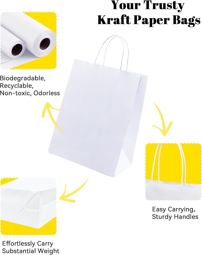 BAG BOX 25 Pack 8.25x4.3x10.6 Inch White Gift Bags with Handles,Bulk Kraft Paper Bags for Shopping, Retail, Merchandise, Wedding, Party Favors, Paper Grocery Sacks