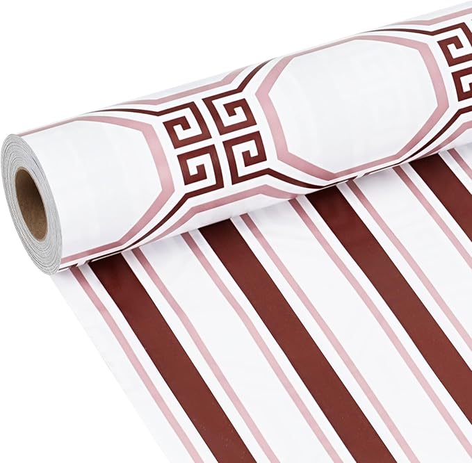 LaRibbons Reversible Minimalist Christmas Wrapping Paper, Greek Key Geometric & Striped Design - Burgundy Pink Modern Gift Wrap for Birthday, Holiday, Xmas Party Celebration, 17 Inch × 33 Feet