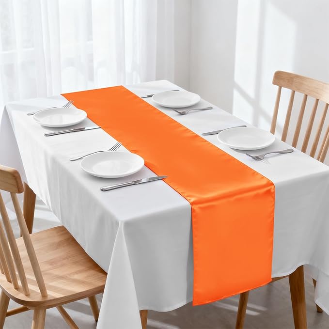 10 Pack Satin Table Runner Orange 12 x 108 Inch Long,Satin Silk Table Runner for Wedding,Birthday Party and Banquet(Orange,10 Pack)