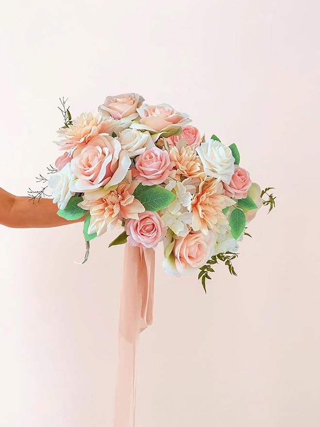 Roses Artificial Flowers Peach Bouquet Box Set Fake Flower for DIY Bridal Wedding Shower Decorations Table Centerpieces Faux Silk Floral Arrangement for Party Home Decor Indoor Pink