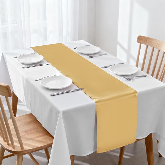10 Pack Satin Table Runners Light Gold 12x108 Inch Long,Satin Silk Smooth Fabric Table Runner for Wedding,Birthday Party and Banquet Decoration,Chair Sashes,Light Gold