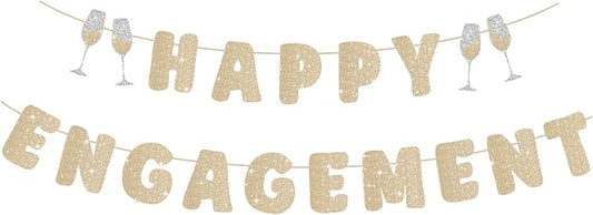 Engagement Party Decorations, Pre-Strung Happy Engagement Banner, Glitter Just Engaged Banner with Glass, Couples Shower Decorations For Happy Wedding Reception Sighs Photo Props Backdrop