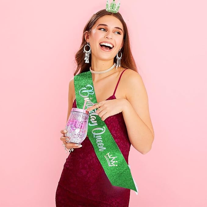 Birthday Queen Sash for Women Tiara & Crowns Headbands for Girls Happy Birthday Party Accessories Favor Supllies Leona Silver Pink Green, 2 Pack