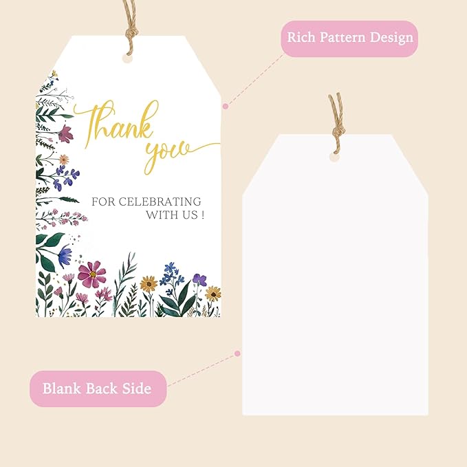 50PCS Floral Thank You for Celebrating with Us Tags, Elegant Botanical Gift Tags with String, 2.2"x3.3" Paper Thank You for Weddings, Baby Showers, Birthdays, Party Favors