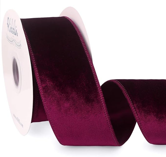 Ribbli Burgundy Velvet Wired Ribbon 2.5 Inch Velvet with Satin Christmas Ribbon for Gift Wrapping Christmas Tree Decoration Crafts Wreaths Supplies-Continuous 10 Yards