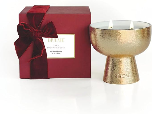 2025 Gold Holiday Candle | Joy - Black Plum & Cassis (Medium), Refillable Wellness, Essential Oil, Sustainable, Hand Finished, Hand Poured, Premium, Luxury Ceramic, Natural Cotton Wick, Soy-Wax Blend