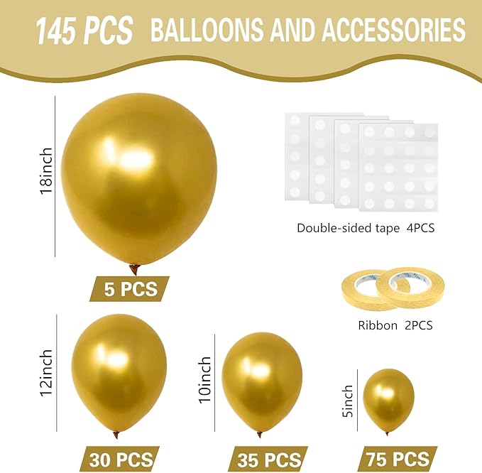Metallic Gold Balloons 145pcs Different Sizes 5in 10in 12in 18in Chrome Gold Shiny Round Latex Balloon Helium Arch Kit Garland for Wedding Baby Shower Birthday Party Decor