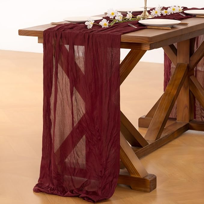 Socomi Burgundy Red Christmas Table Runner 3pcs Cheesecloth Boho Rustic Gauze 120 inch 10FT Cheese Cloth Runner for Wedding Party Baby Shower Birthday Home Decor Holiday Decorations