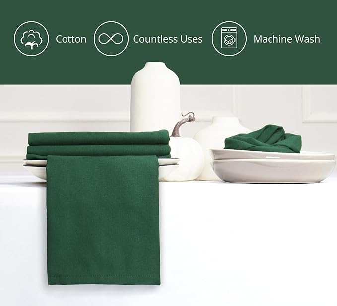 PurpleEssences Set of 12 Cloth Dinner Napkins 100% Cotton 18x18 Inch - Soft Durable Washable - Ideal for Farmhouse Party Christmas Holiday Winter - Perfect Everyday Use Table Linen - Forest Green