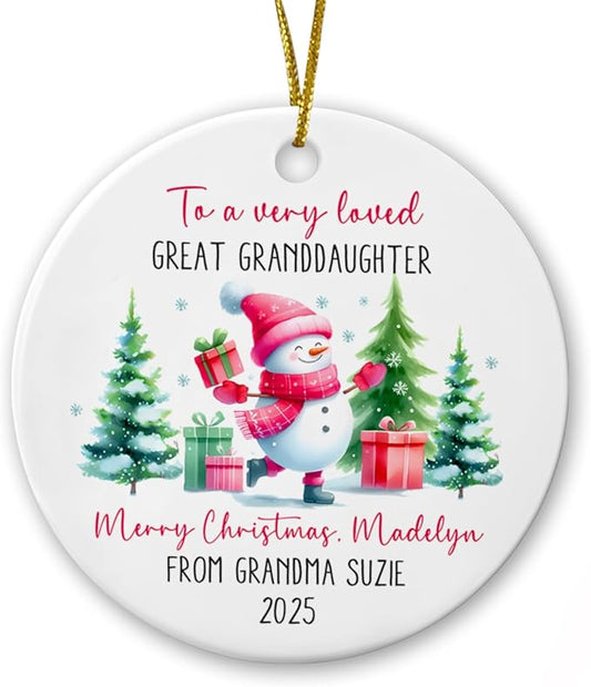 to A Very Loved Great Granddaughter Snowman Ceramic Ornament, Personalized Great Granddaughter Snowman Ornament with Names, Custom Granddaughter Merry Christmas Ornament Gift from Great Grandparents