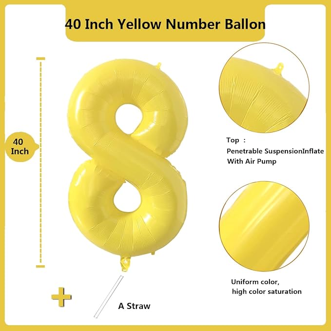 40 inch Yellow Number Balloon Giant Foil Helium Balloons Number 8 Balloon for 8th Birthday Party Decorations